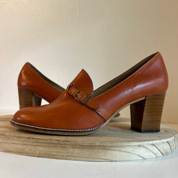 Vintage Dei Colli Made in Italy Tan Genuine Leather Buckle Stacked Heel Shoe 41 - Picture 14 of 15